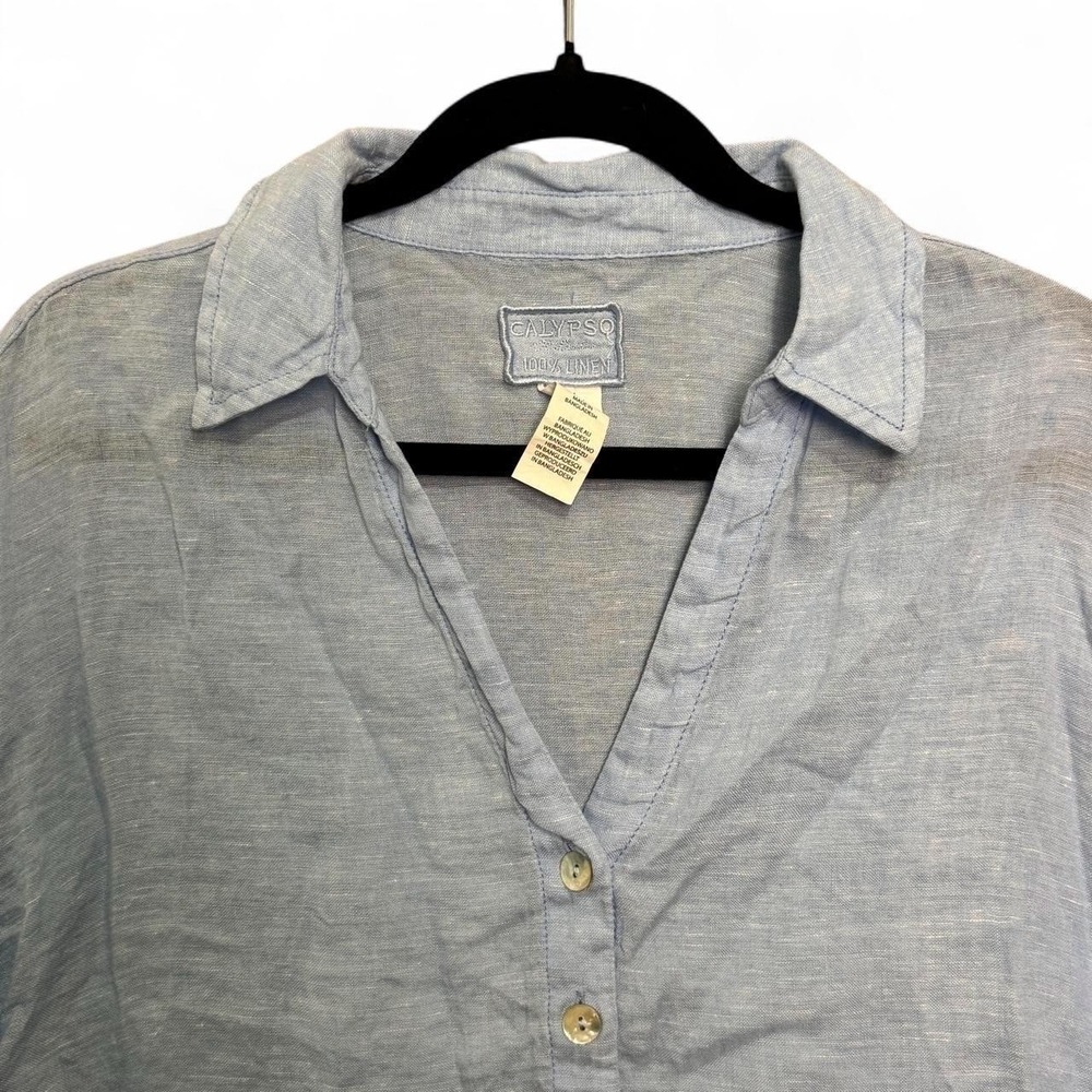 Calypso Women's M Blue 100% Linen Button Front Shirt Coastal Resortwear Summer - Picture 6 of 8